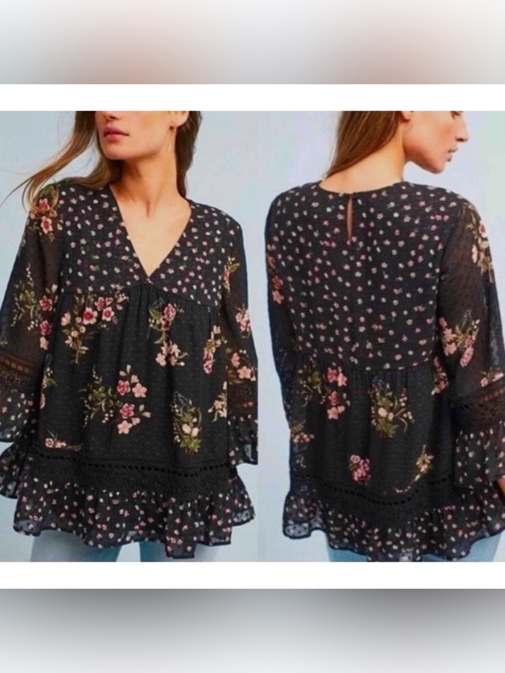 Anthropologie Maeve Black Floral V-Neck Ruffle Peasant Blouse